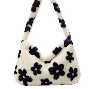 Ladies Flower Pattern Plush Shoulder Underarm Bag Soft Faux